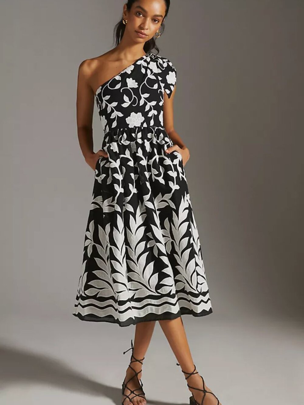 Anthropologie One Shoulder Cotton Pocketed Midi Dress Side Zip Size US 4